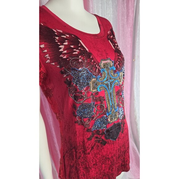 Angels & Diamonds Red Lace Bling Rhinestone Cross Wings Top Size XL - Picture 5 of 12